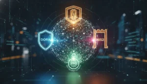 System cyberbezpieczeństwa przedstawiający regulacje NIS2 i DORA jako centralne filary ochrony danych w Europie