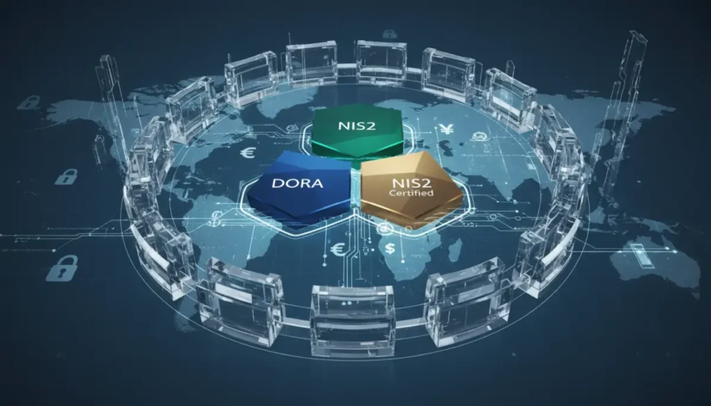 Połączony system NIS2, DORA i certyfikacji ISO pokazujący bezpieczeństwo danych w nowoczesnych organizacjach