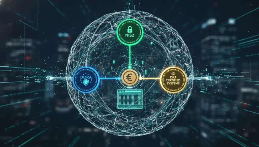 Wizualizacja współpracy regulacji NIS2, DORA oraz certyfikatów ISO w ochronie systemów informatycznych